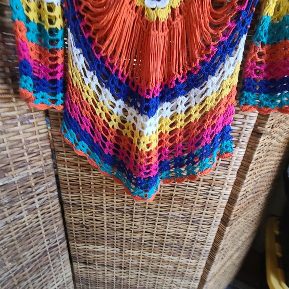 VTG Open Crochet Top Small Vivid Colors Sz S 3/4 Bell Sleeve Hippie Bohemian - Picture 4 of 5